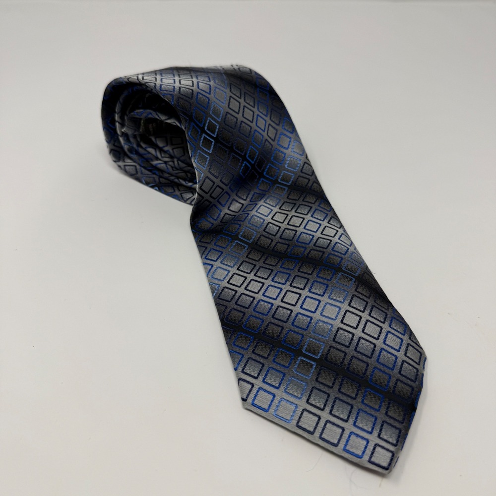 Covington Mens Blue Grey Geometric Square Pattern Polyester Silk Look Necktie